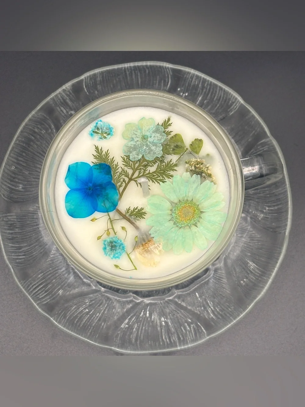 Floral Botanical Teacup Candle with Blue Accent